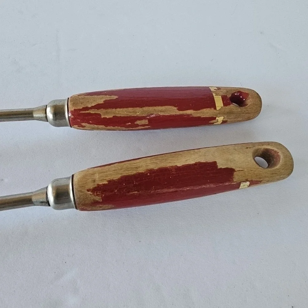 Vintage A&J Meat Serving Fork Set Red Wood Handle Made in USA‎ Rustic Farmhouse